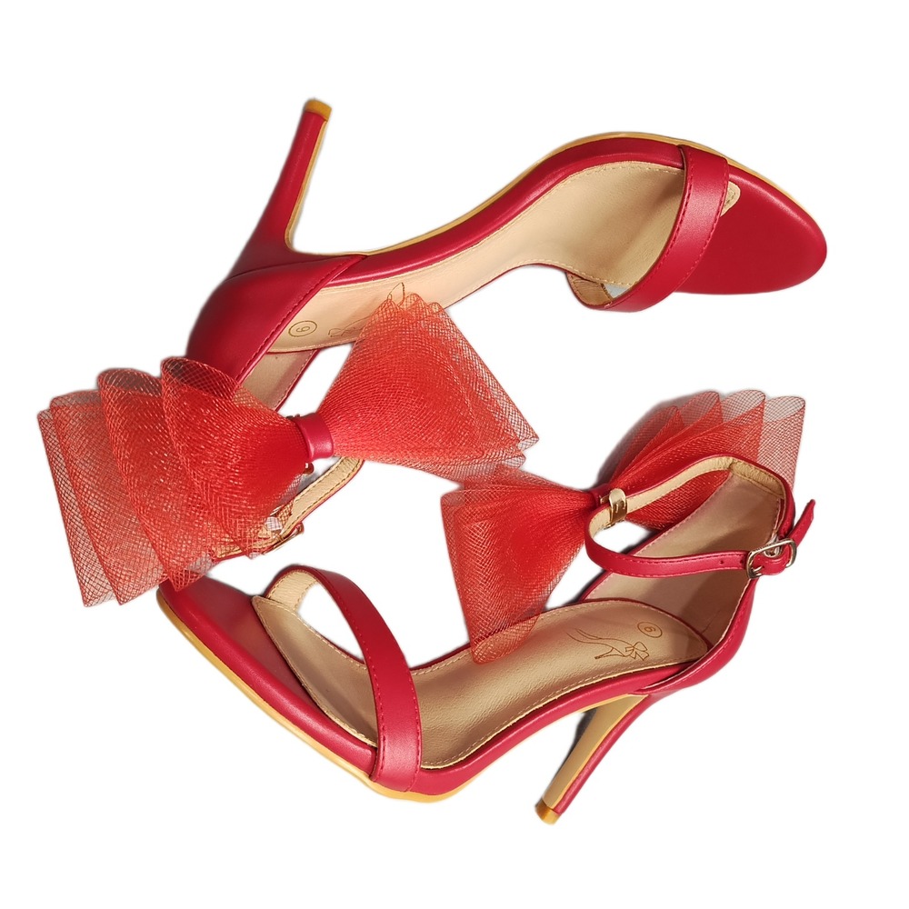 Womens Stiletto High Heels Size 6 Red Bow Detail Open Toe Ankle Buckle Strap